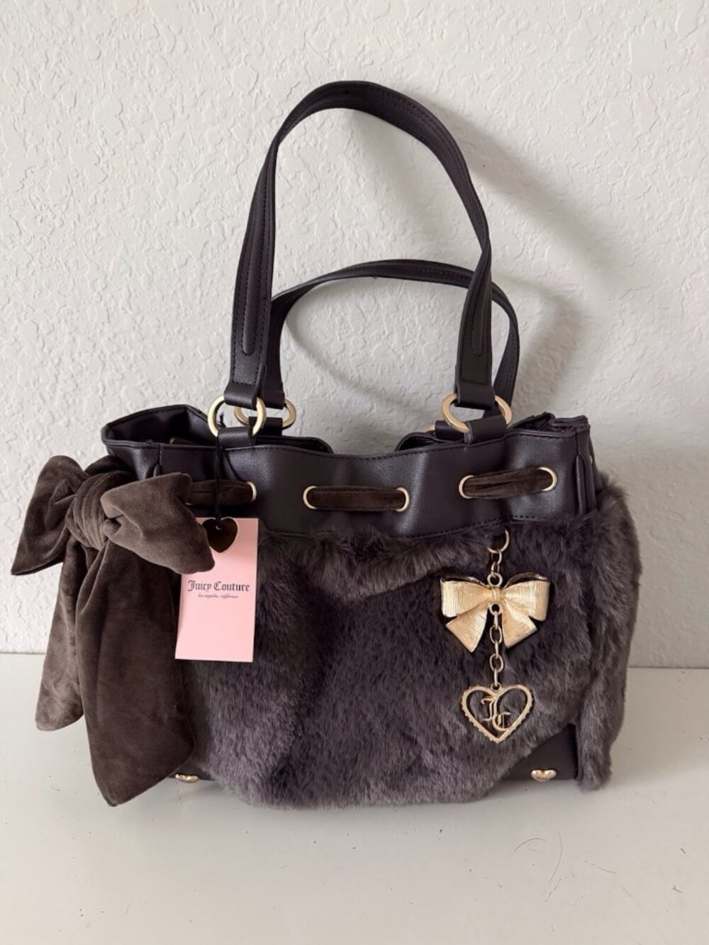 Juicy Couture Soul Sister Daydreamer Tote Bag Faux Fur W/Bow Charm Chocolate NEW